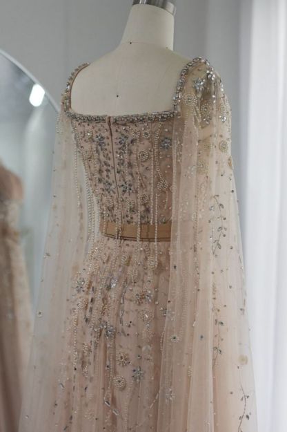 Charming Sweetheart Tulle Beading Long Evening Dress Cape Sleeves Formal Dress with belt