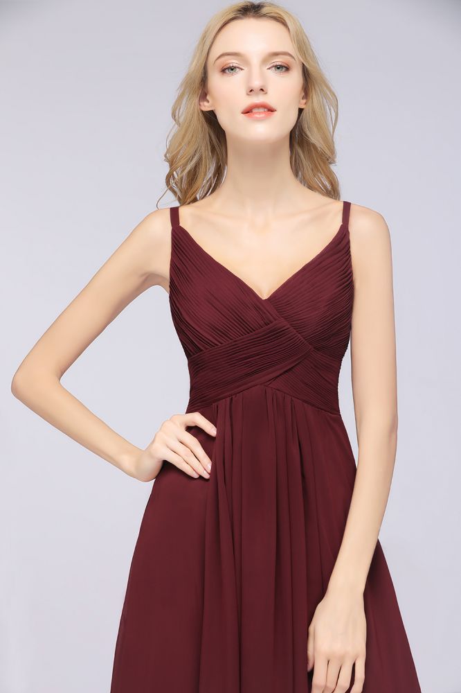 Chiffon A-Line Spaghetti-Straps V-Neck Sleeveless Long Bridesmaid Dress with Ruffles