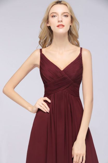 Chiffon A-Line Spaghetti-Straps V-Neck Sleeveless Long Bridesmaid Dress with Ruffles