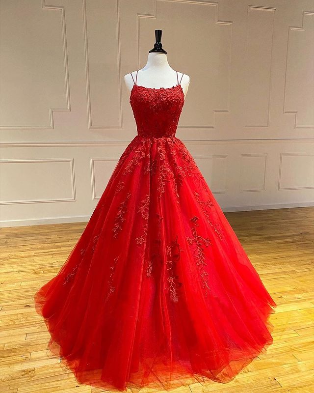 Spaghetti Straps Floral Lace Aline Evening Gown Sleeveless Prom Dress
