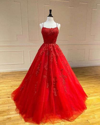 Spaghetti Straps Floral Lace Aline Evening Gown Sleeveless Prom Dress