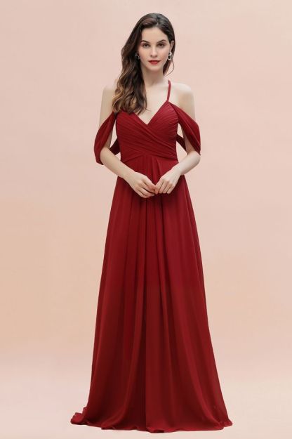 Elegant V-Neck Pleated Chiffon Bridesmaid Dress with Straps Cross Back Wedding Guest Dress
