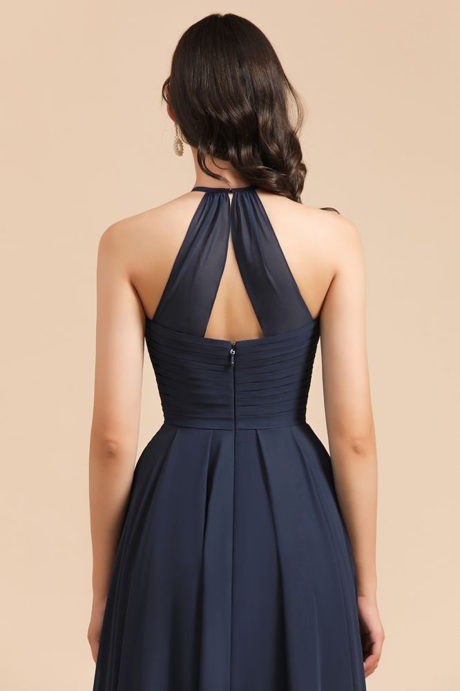 Halter Chiffon Long Evening Maxi Dress Sleeveless Pleated Wedding Guest Dress