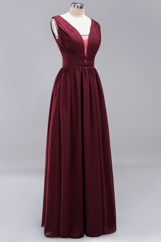 A-Line Chiffon V-Neck Sleeveless Long Bridesmaid Dress with Ruffles