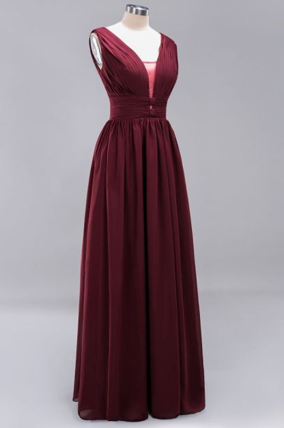 A-Line Chiffon V-Neck Sleeveless Long Bridesmaid Dress with Ruffles