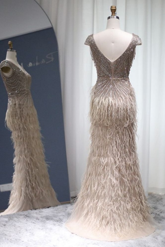 Luxury V-Neck Fur Mermaid Evening Dress for Women Glitter Beadings Cap Sleeves Tassels Long Wedding Party Gowns-Babyonlinewholesale
