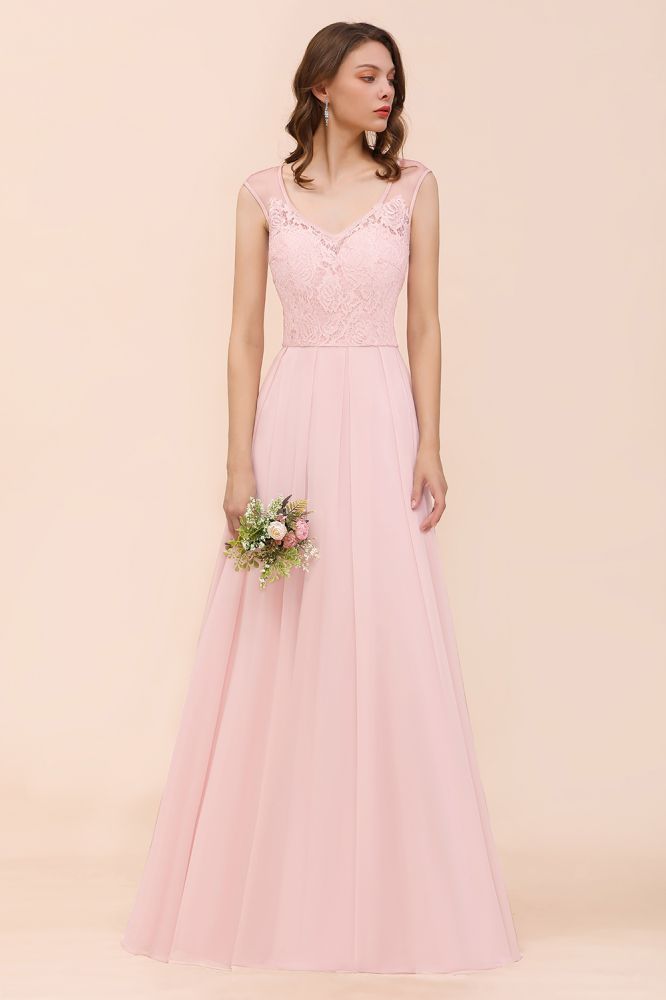 Romantic Sleeveless Lace Chiffon Wedding Guest Dress V-Neck Bridesmaid Dress