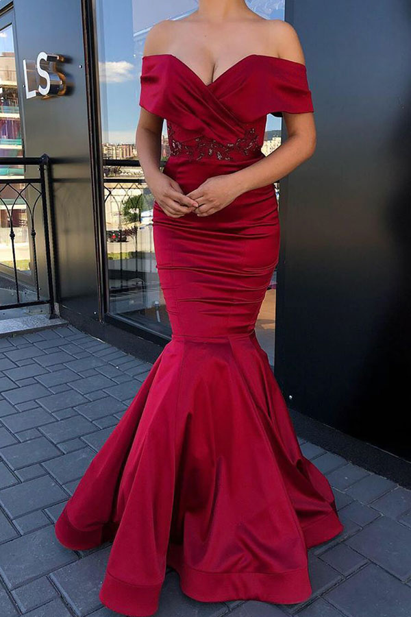 Gorgeous Off-the-shoulder Burgundy Jewel Mermaid Prom Dress