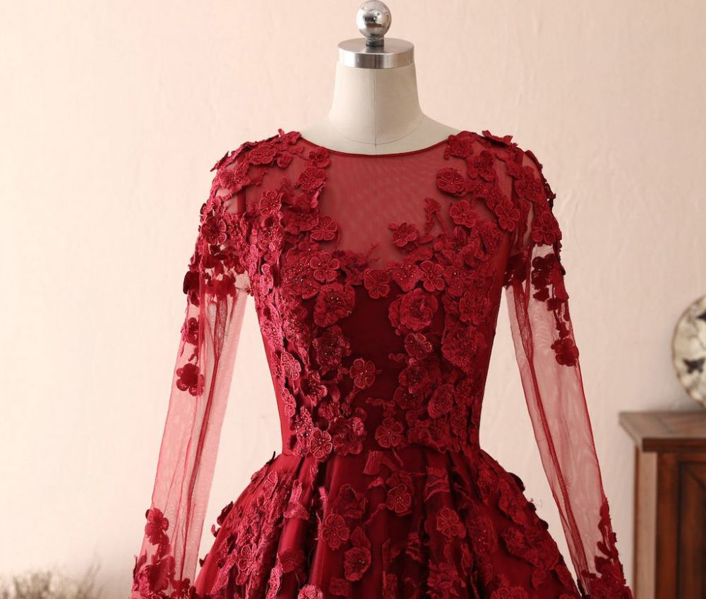 Stunning Red 3D Floral Appliques Aline Evening Party Dress