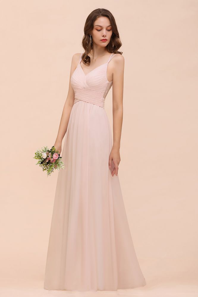 Stylish Pearl Pink V-Neck Bridesmaid Dress Chiffon Aline Evening Maxi Dress