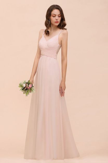 Stylish Pearl Pink V-Neck Bridesmaid Dress Chiffon Aline Evening Maxi Dress