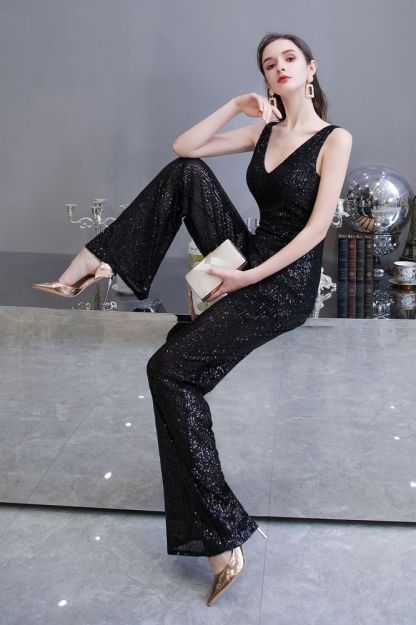 Sexy Shining V-neck Silver Sequin Sleeveless Prom Jumpsuit