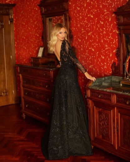 Chic Black V-Neck Aline Evening Party Dress Long Sleeves Lace Party Dress