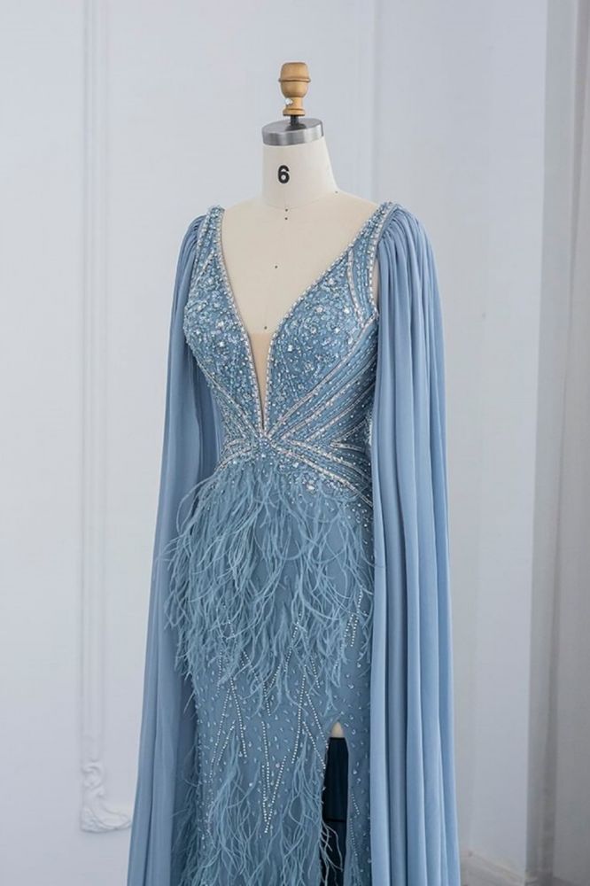 Glamorous V-Neck Fur Beadings Front Slit Mermaid Evening Gowns with Tulle with Cape Sleeves Wedding Party Dress-Babyonlinewholesale