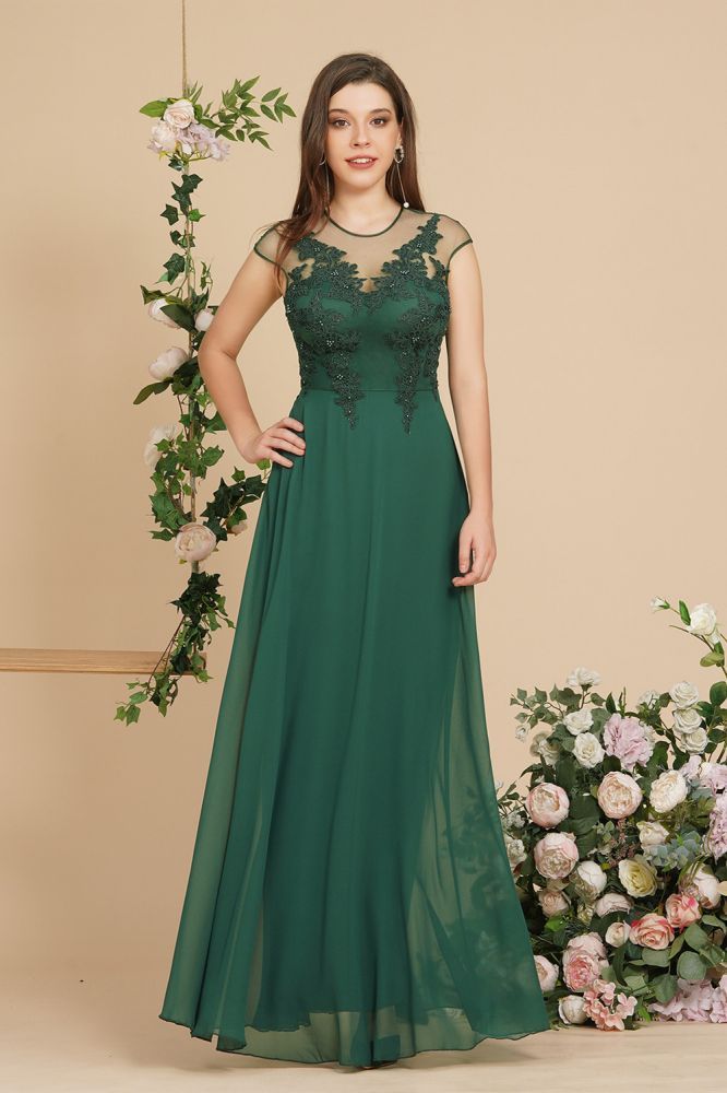 Dark Green Illusion neck A-line Chiffon Evening Dress