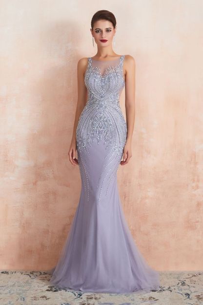 Chipo | Luxury Illusion neck Lavender White Beads Prom Dress Online, Expensive Low back Column Evening Gowns-Babyonlinewholesale
