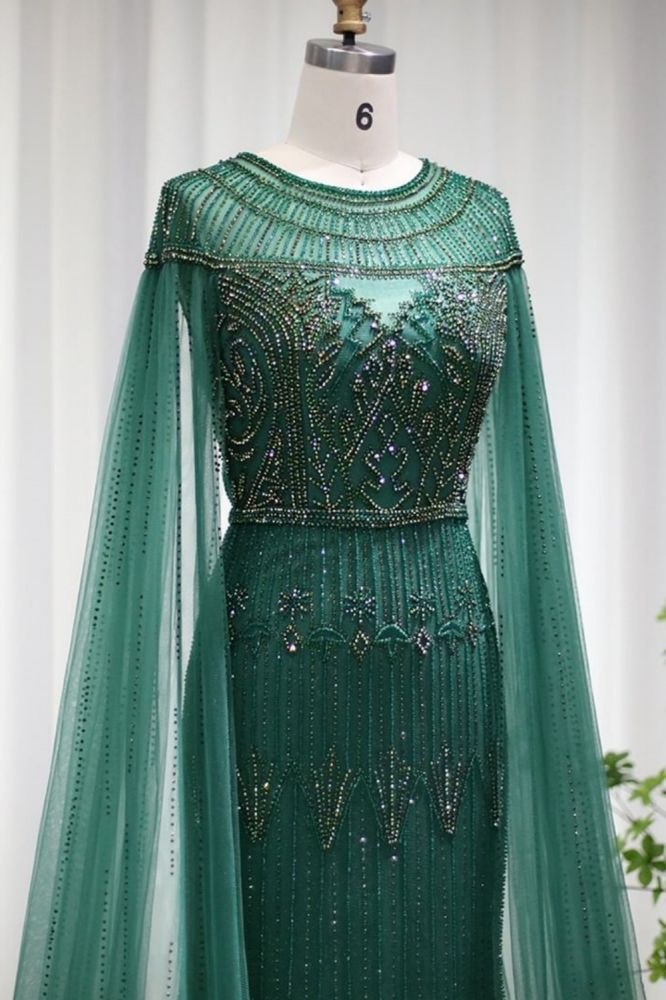 Luxury Scoop Neck Beading Mermaid Evening Dress Cape Sleeves Dubai Wedding Party Gown