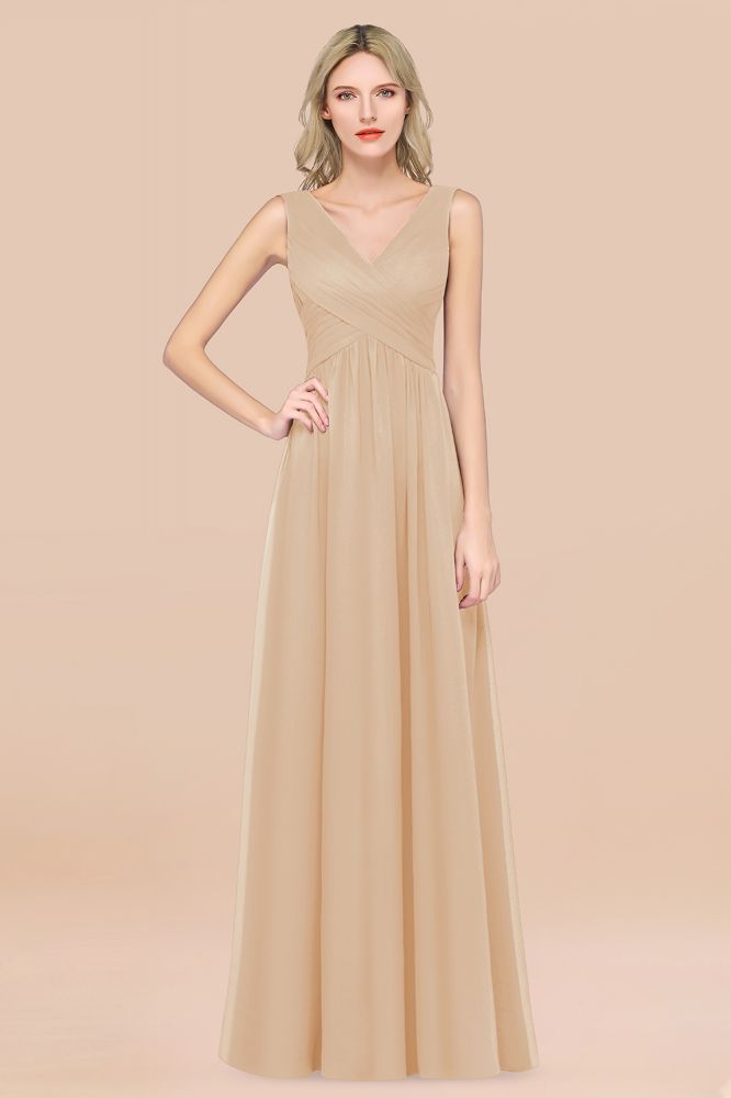 Chiffon A-Line Straps V-Neck Sleeveless Long Bridesmaid Dress with Ruffles