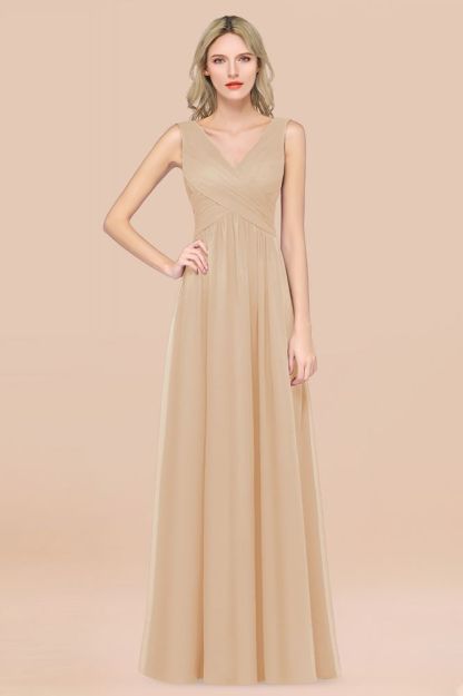 Chiffon A-Line Straps V-Neck Sleeveless Long Bridesmaid Dress with Ruffles
