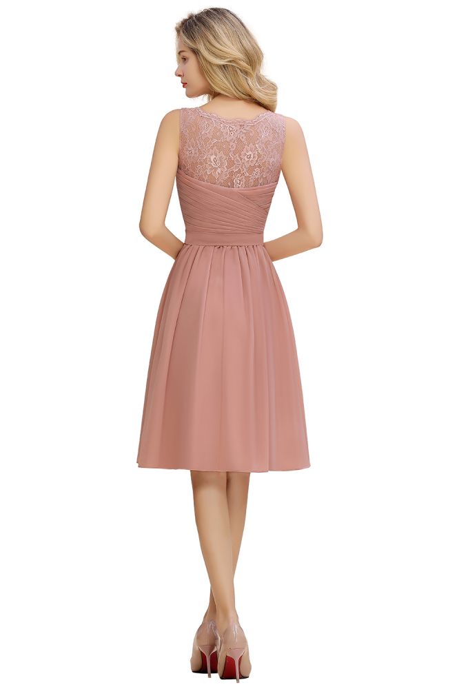 Lace V-neck Long Short Homecoming Dresses with Belt | Sexy Sleeveless V-back Pink Knee length Cocktail Dress-Babyonlinewholesale