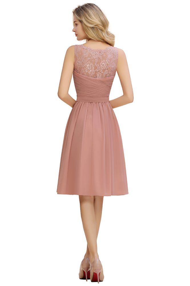 Lace V-neck Long Short Homecoming Dresses with Belt | Sexy Sleeveless V-back Pink Knee length Cocktail Dress-Babyonlinewholesale