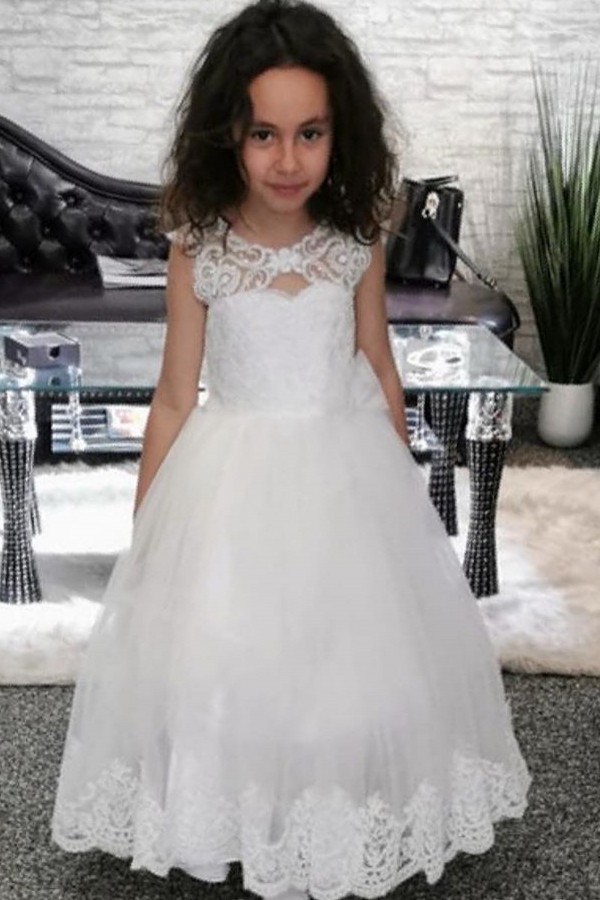 White Lace Keyhole Appliques Cute A-line Flower Girl Dress