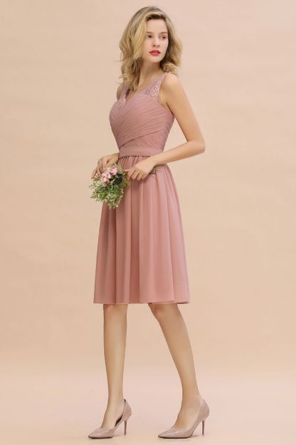 Lace V-neck Long Short Homecoming Dresses with Belt | Sexy Sleeveless V-back Pink Knee length Cocktail Dress-Babyonlinewholesale