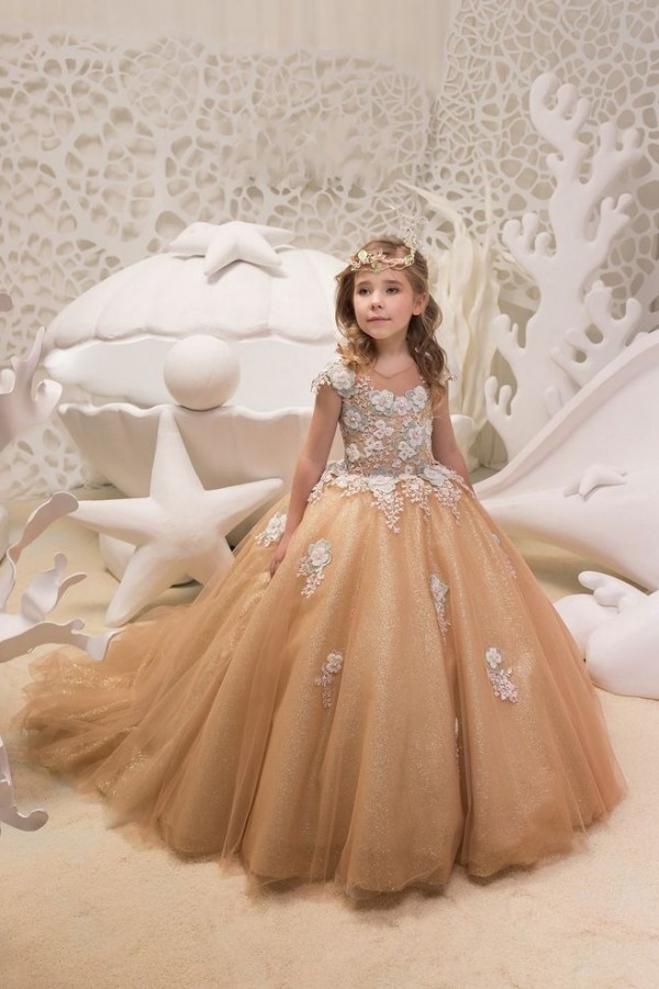 Gold cap sleeves puffy princess flower girl dress