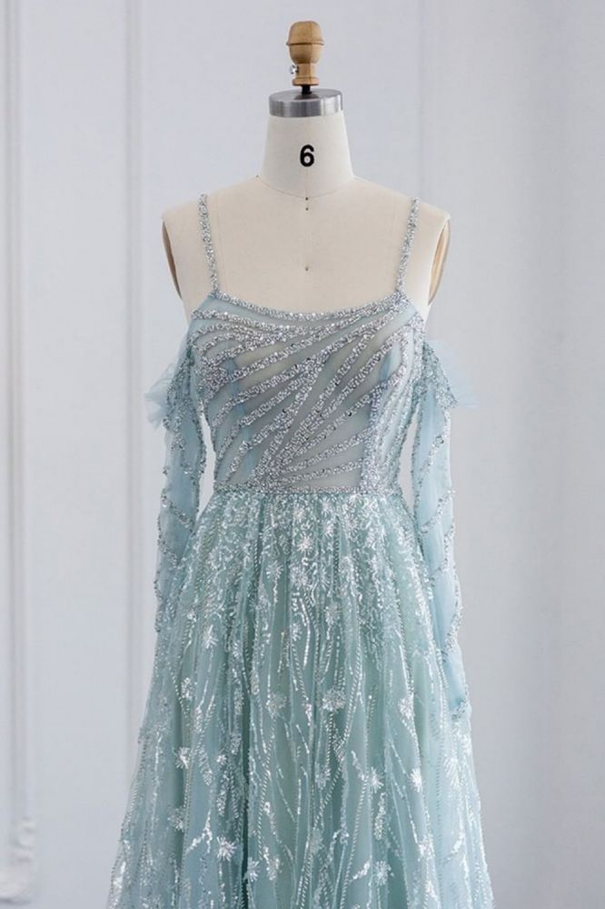 Stunning Spaghetti Straps Fur Beadings Floor-Length Evening Party Dress with Sequins