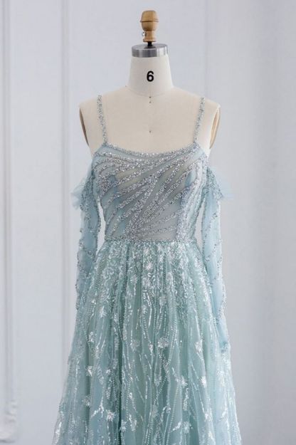 Stunning Spaghetti Straps Fur Beadings Floor-Length Evening Party Dress with Sequins