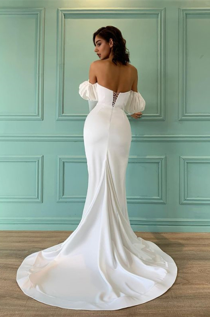 Bubble Sleeves Sweetheart High Split White Satin Prom Dresses