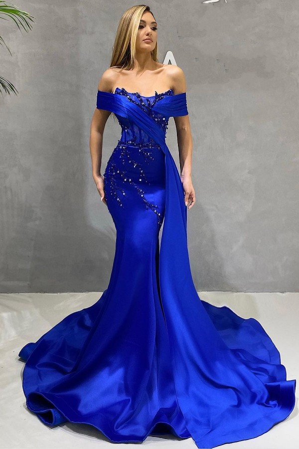 Trendy Off the shoulder royal blue long sleeves prom dress