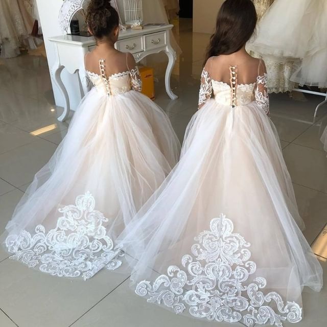 Lovely Princess Jewel Long Sleeves Long Flower Girl Dresses | Ivory Little Girls Peagant Dress with Bowknot