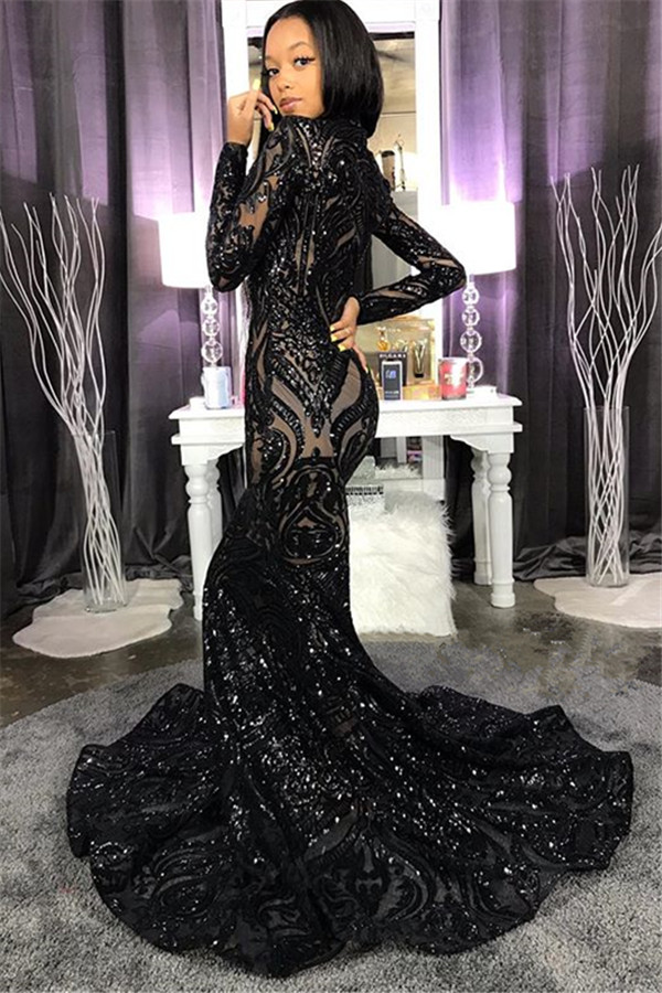 Chic High Neck Sparkle Appliques Prom Dresses | Fit and Flare Long Sleeve Evening Gowns
