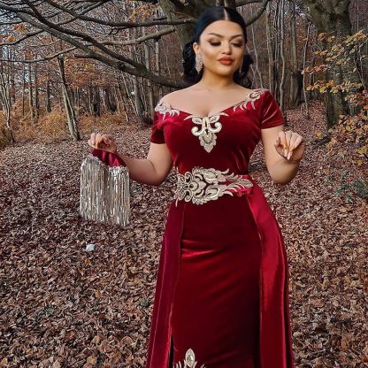 Off Shoulder Burgundy Velvet Mermaid Evening Dress with Gold Appliques Detachable Train