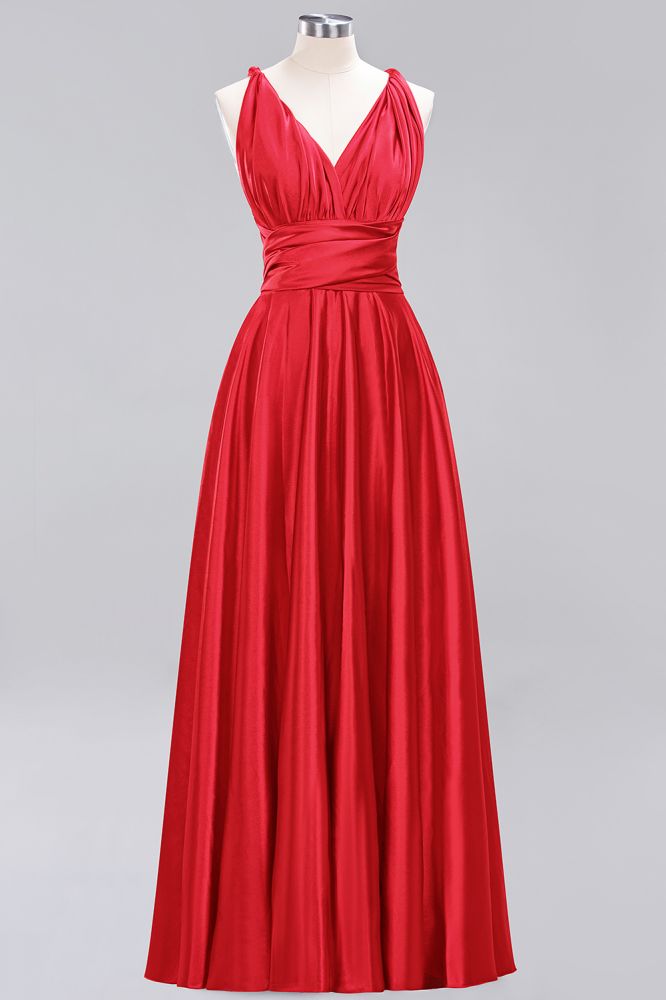 Simple A-Line V-Neck Sleeveless Floor Length Convertible Bridesmaid Dress with Ruffles