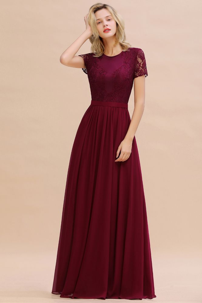 Abraham | Burgundy Short Sleeve Lace Simple Chiffon Formal Dress, Pink, Dark Green