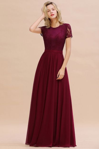 Abraham | Burgundy Short Sleeve Lace Simple Chiffon Formal Dress, Pink, Dark Green