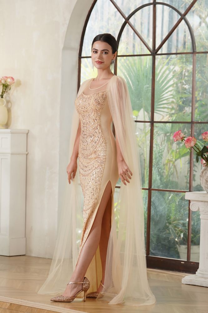 Charming Scoop Neck Beadings Mermaid Evening Dress with Cape Side Split Floor Length Prom Dress