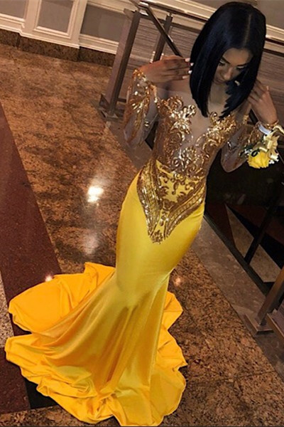 Sexy Off Shoulder Applique Satin Long Sleeve Mermaid Slim Prom Gown