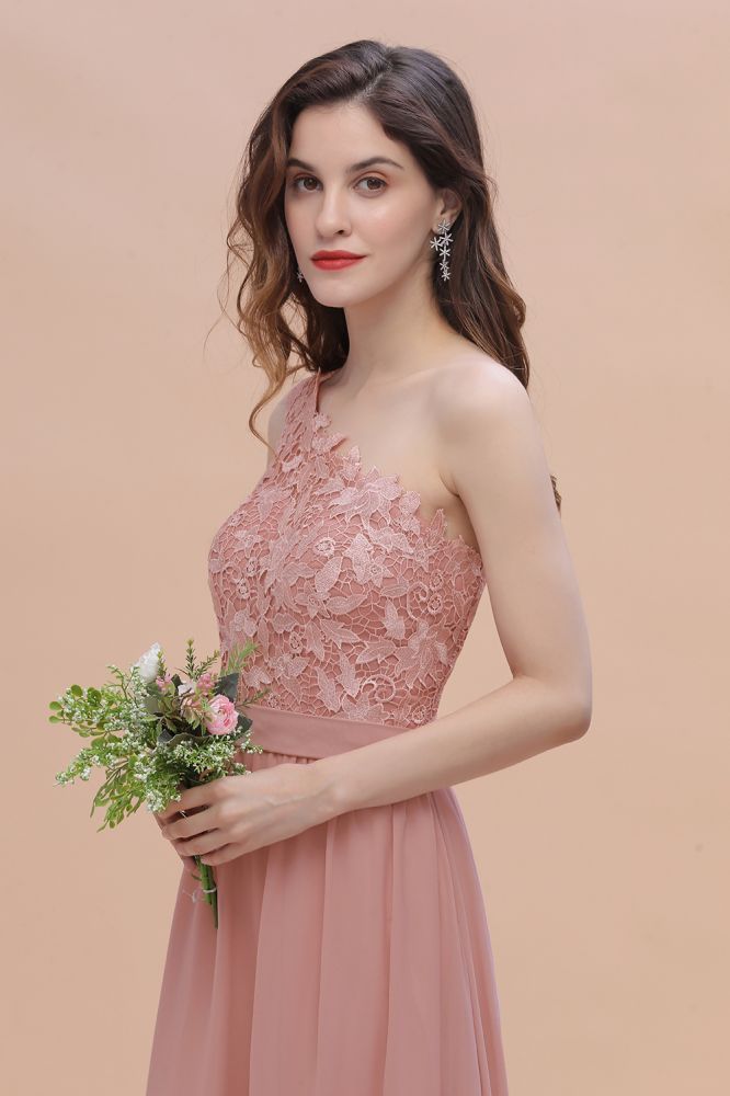 One Shoulder Dusty Pink Floral Pattern Aline Bridesmaid Dress