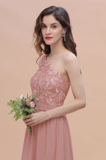 One Shoulder Dusty Pink Floral Pattern Aline Bridesmaid Dress