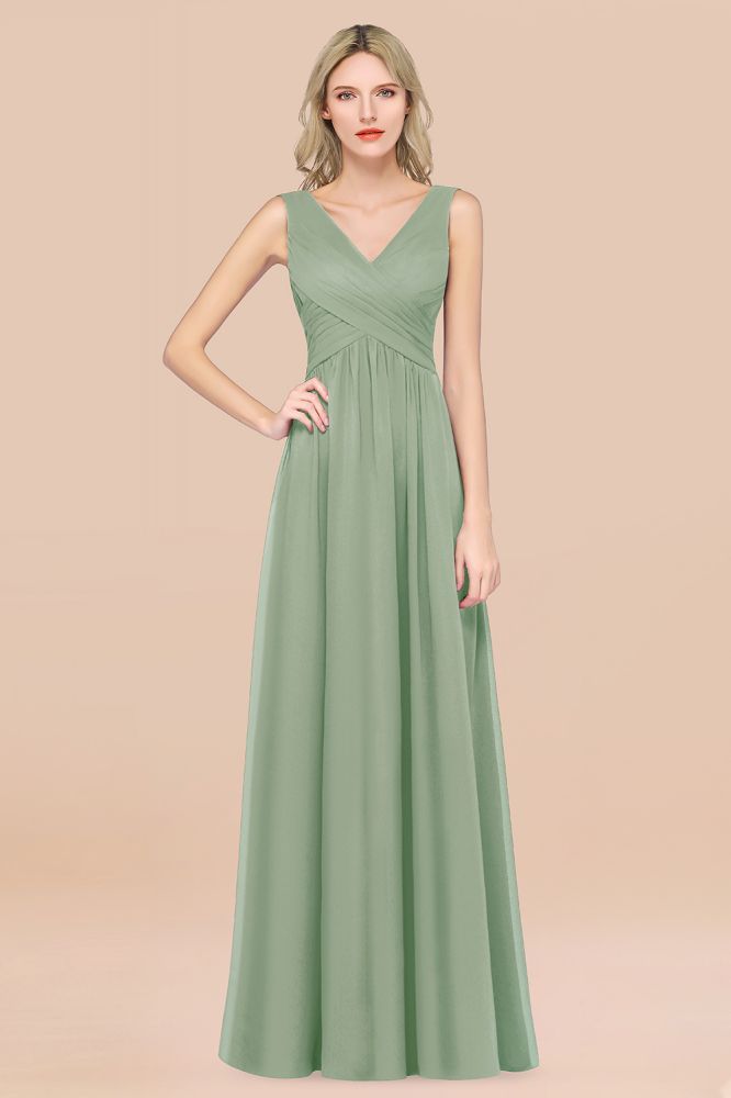 Chiffon A-Line Straps V-Neck Sleeveless Long Bridesmaid Dress with Ruffles