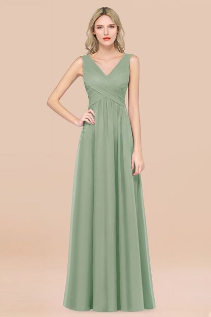 Chiffon A-Line Straps V-Neck Sleeveless Long Bridesmaid Dress with Ruffles