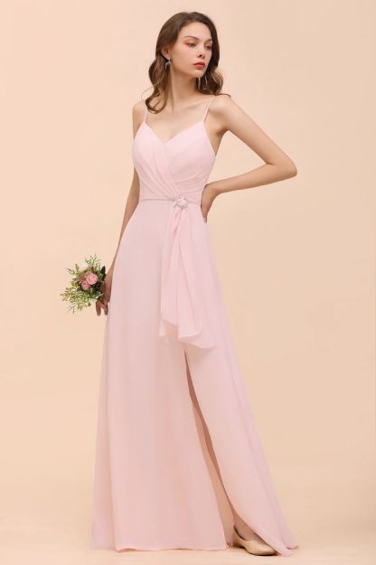 Spaghetti Straps Pink Chiffon Wedding Party Dress Sleeveless Long Bridesmaid Dress