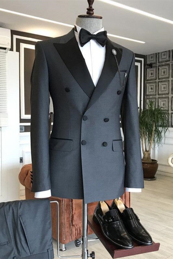 Deep Gray Peak Lapel Double-Breasted Slim Fit Business Suit