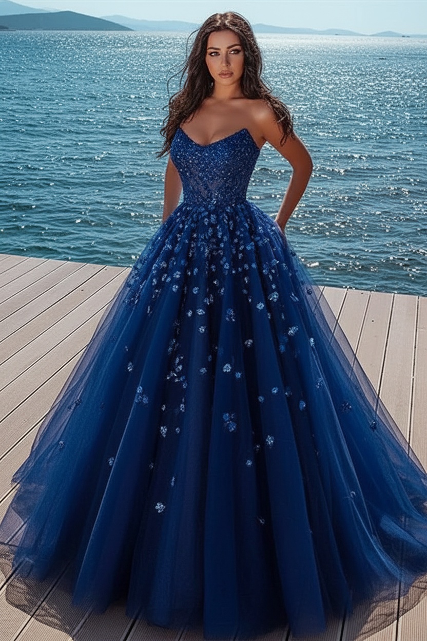 Elegant sky blue Butterfly Strapless Sweetheart Tulle Sparkle Prom Dress