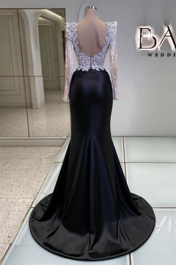 Deluxe Black V-Neck Long Sleeves Sequined Mermaid Satin Prom Dresses with Beads