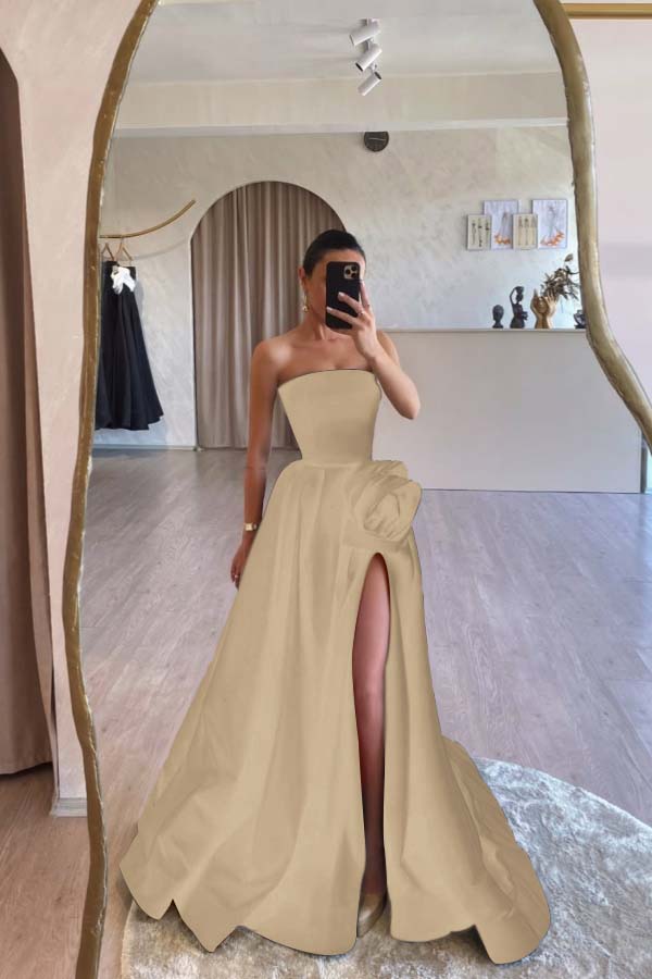 Designs Strapless High Split Ruched Satin Flower Long Prom Dress