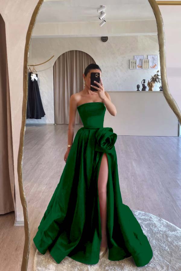 Designs Strapless High Split Ruched Satin Flower Long Prom Dress